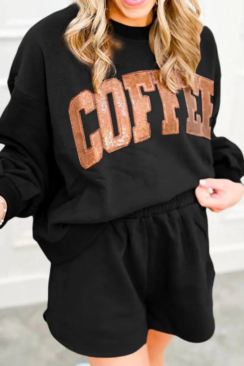 'First COFFEE' Sequin Long Sleeve Top and Shorts Set - Celes Fashion